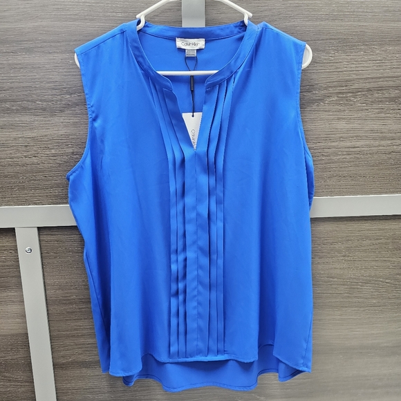 Calvin Klein NWT women's blue pleated V neck sleeveless blouse sz XL - Picture 2 of 6
